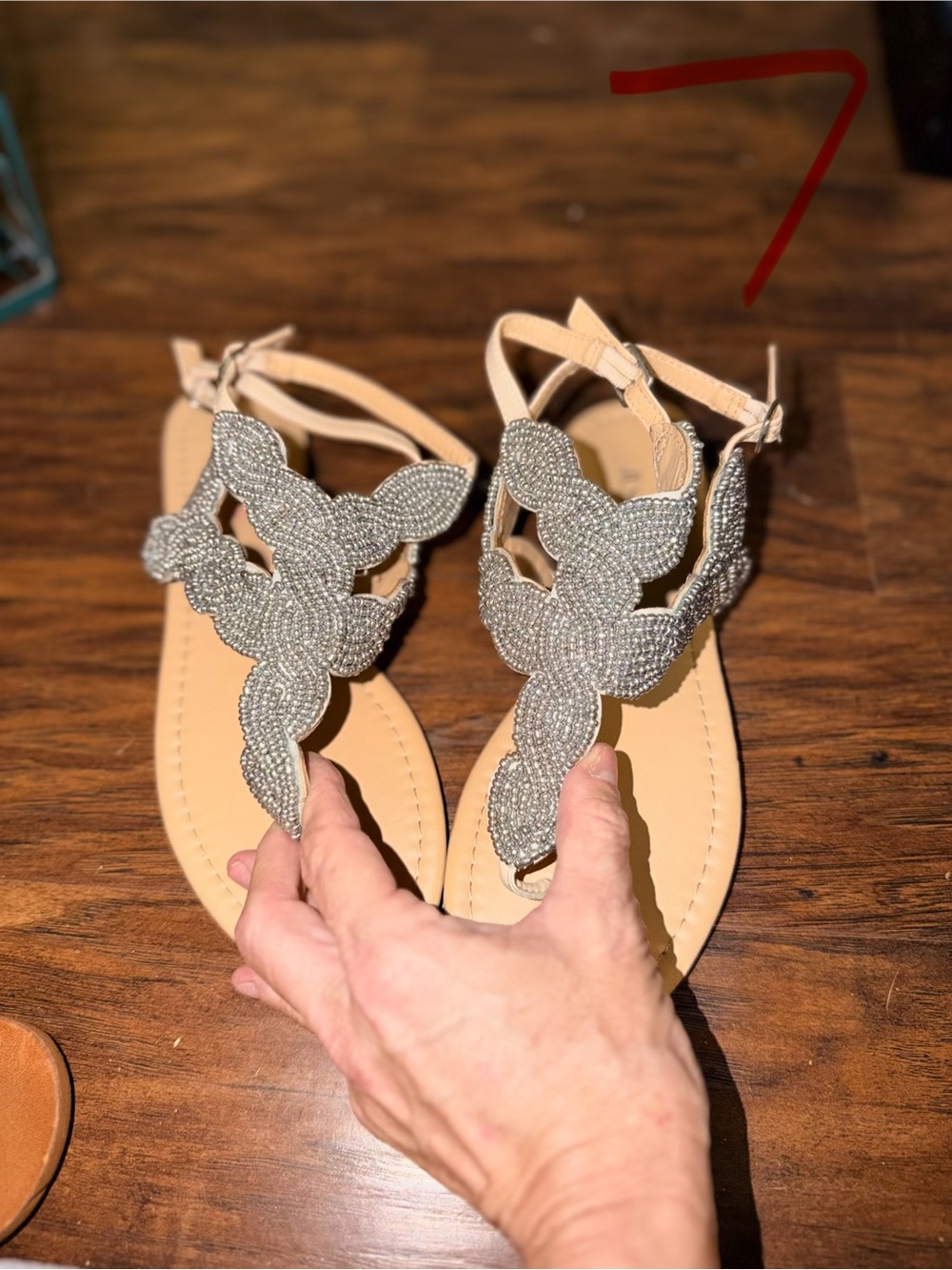 Source Unknown Beige Sandals with Silver Bead Detail